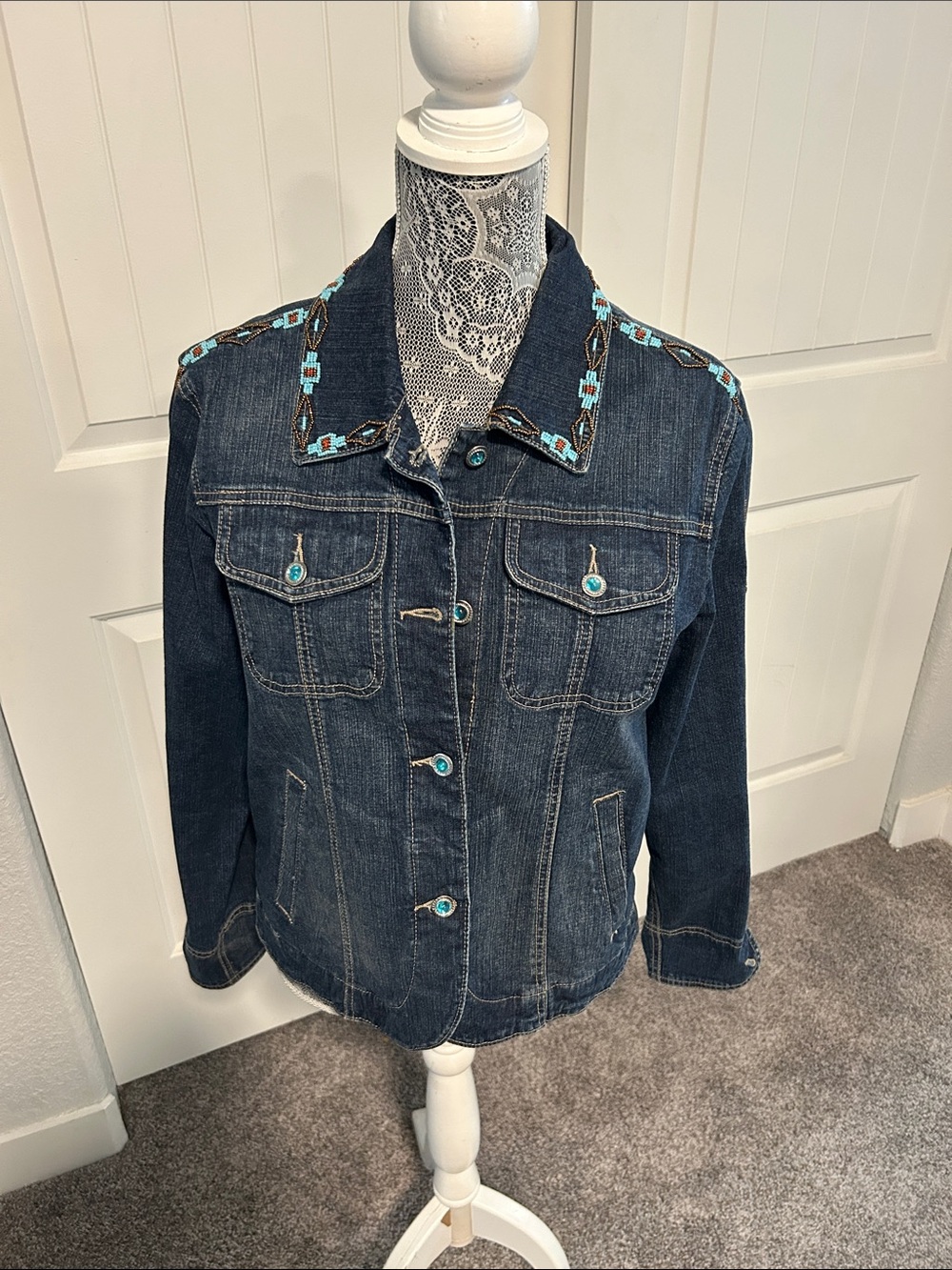Ethyl Dark Wash Denim Jacket with Turquoise Embellishment M